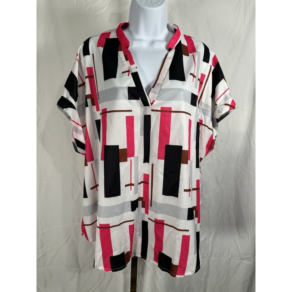 Shein Pink & Black Colorblock Blouse Women’s 1X V-Neck Short Sleeve Casual Top